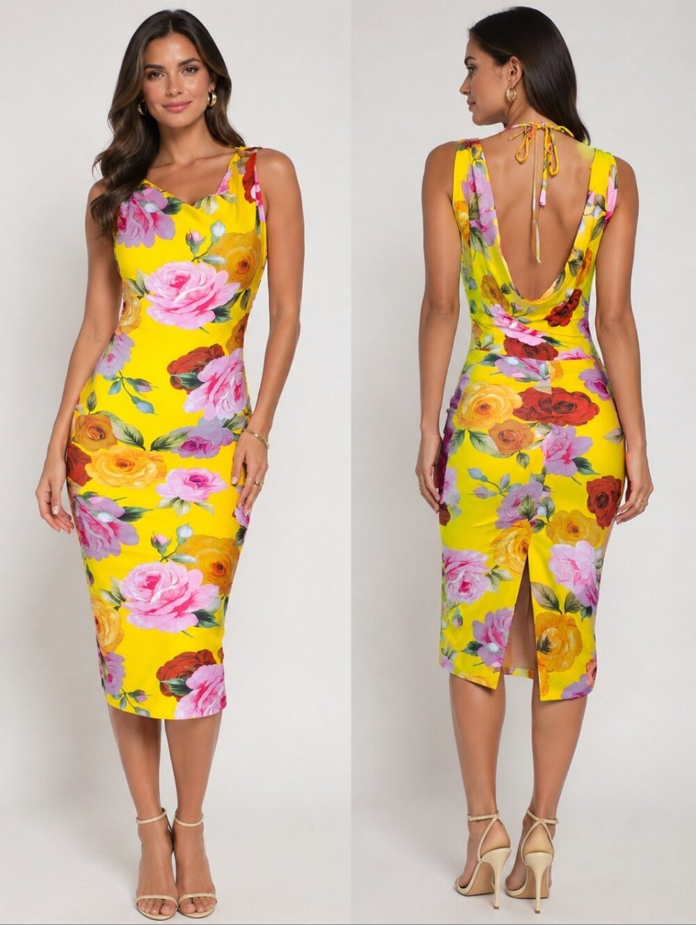 Floral Bodycon Dress Drapey Open Back Yellow Small
